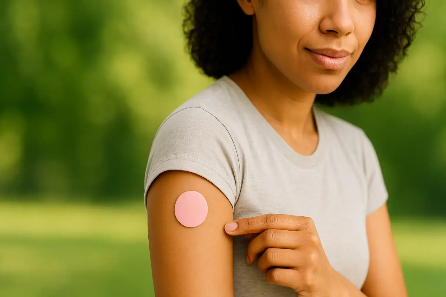 Person outdoors wearing a Dailyrise circular pink patch on the upper arm
