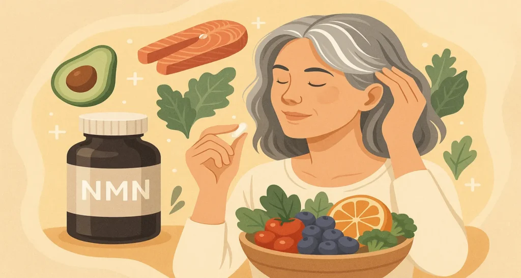Does NMN Reverse Grey Hair? 1 Illustration showing woman with grey hair using natural supplements and NMN to support hair health: does NMN reverse grey hair